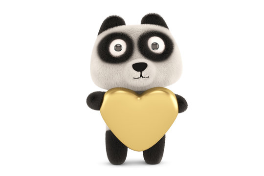 A cute little panda hugging a heart-shaped,3D rendering.