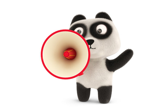 A cartoon panda and megaphone,3D illustration.