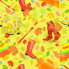 cheerful seamless texture with umbrellas and rubber boots on bac