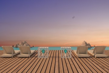 Obraz premium beach lounge seaview with wood floor design in 3D rendering