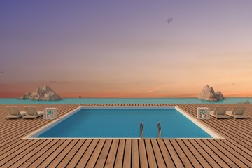luxury swimming pool with beach lounge seaview in 3D rendering