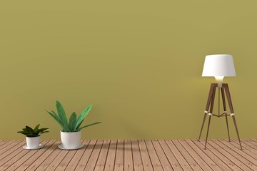 minimalist houseplant in empty soft green room with wooden floor in 3D rendering