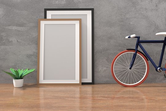 bike with mock up photo frame in the concrete and wooden floor room