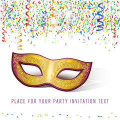 Carnival mask and confetti on white background