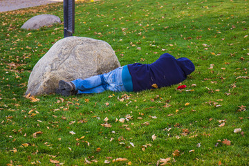 Sleeping Man On Grass During Fall Day