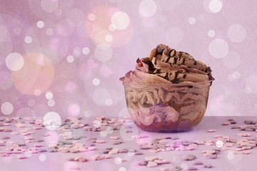 Delicious tasty homemade cakes with bokeh light background