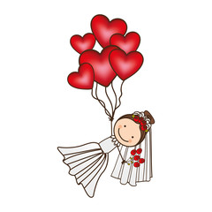 bride with red heart balloons in the hands, vector illustraction