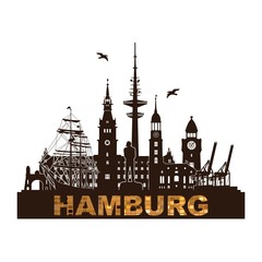 Hamburg  Skyline Schattenriss Denkmäler Kultur Sehenwürdigkeiten Industrie Museen Wandtatoo Tatoo Umriss Stadtansicht Hafen Architektur