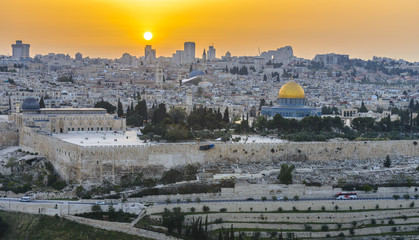 Panoramic view to Jerusalem Old city at Sunset