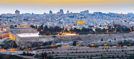 Gordijnen Panoramic view to Jerusalem Old city at Sunset © FadiBarghouthy