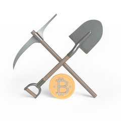 Bitcoin and mining tools. 3d render.