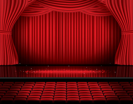 Red Stage Curtain with Seats and Copy Space.