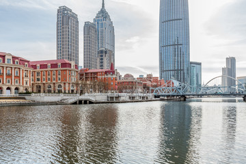 River And Modern Buildings Against Sky in Tianjin,China.