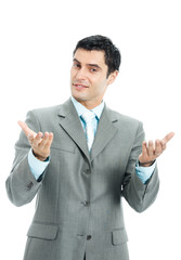 Happy gesturing businessman , over white