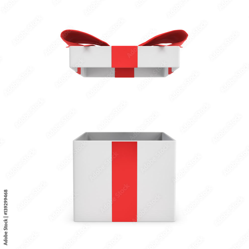 Poster 3d rendering of a white open gift box tied with a red bow on white background.