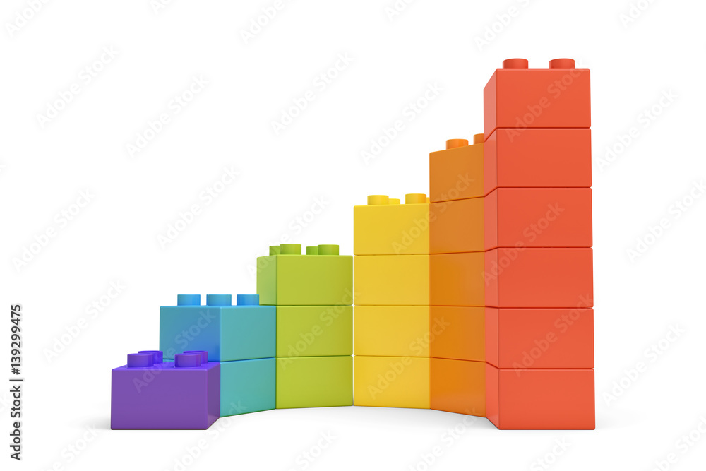 Poster 3d rendering of multi-colored toy blocks making up spiral stairs.