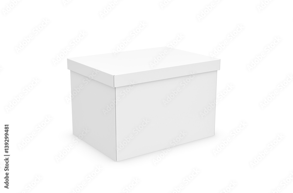 Poster 3d rendering of a white rectangle box with a closed lid on white background.