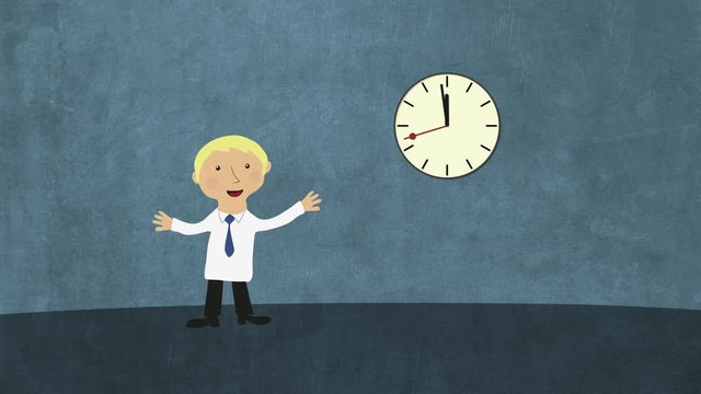 Happy business man and clock on wall. Animated character with flat design. Concept of keeping deadline, time and working late.