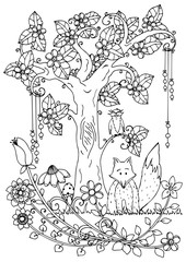 Naklejka premium Vector illustration zentangl, fox and wood. Doodle drawing pen. Coloring page for adult anti-stress. Black and white.