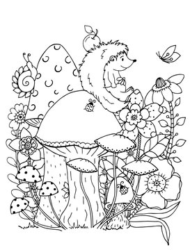Vector illustration zentangl. Doodle hedgehog Coloring page Anti stress for adults. Black and white.