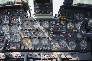 Airplane Cockpit Equipment with indicators, buttons, and instruments.