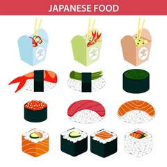 Japanese food sushi and seafood sashimi rolls vector icons