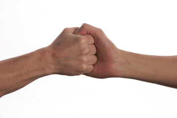 Modern handshake of two male people, isolated on white