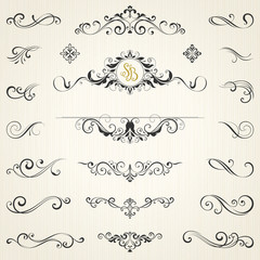 Vector set of ornate calligraphic vintage elements, dividers and page decorations.