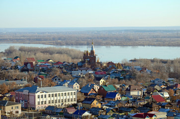 Fototapeta na wymiar View of Samara City with church and Volga River from the view point of Railway station