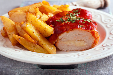 Chicken breast stuffed with mozzarella under tomato sauce