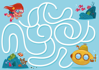 Little girl and submarine maze game. (Vector illustration)