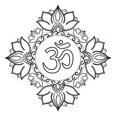 Om symbol and hand drawn mandala with lotus.