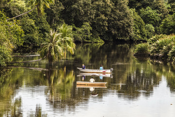 Fototapeta premium Fishing boats on a jungle river