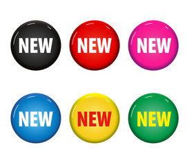 Set of colored round buttons with word 'New'. Circle labels for new products in online shops. Design elements on white background. 