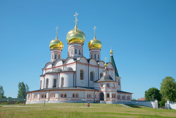 Fototapeta na wymiar Cathedral of Our Lady of Iver, sunny July afternoon. Iversky Svyatoozersky Virgin Monastery, Russia