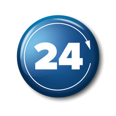Bright blue button with digits 24 and arrow. Work time circle label for posters and banners. Day-and-night open tag. Design elements on white background with transparent shadow.