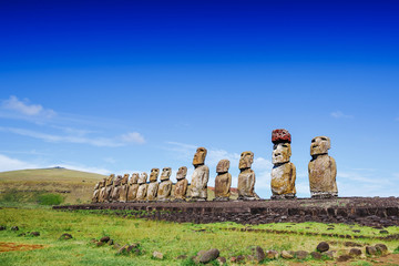 Moais statues on Ahu Tongariki - the largest ahu on Easter Island. Chile