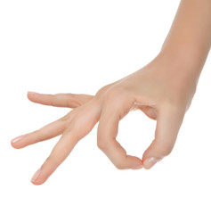 Female hand showing thumb up ok all right victory hand sign gesture. Gestures and signs. Body language on white background