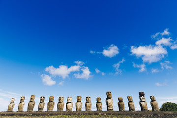 Moais statues on Ahu Tongariki - the largest ahu on Easter Island. Chile