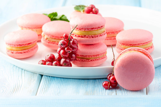 Pink macaroons with red currant and mint on white plate on blue wooden table
