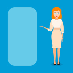 Beautiful girl points to a blank banner. vector.