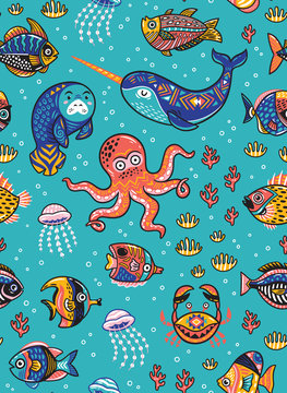 Aquatic animals seamless pattern. Vector illustration