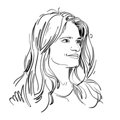 Vector portrait of attractive pensive woman, illustration of good-looking romantic female. Person emotional face expression.