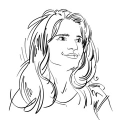 Portrait of delicate bemused good-looking woman, black and white vector drawing. Emotional expressions idea image.