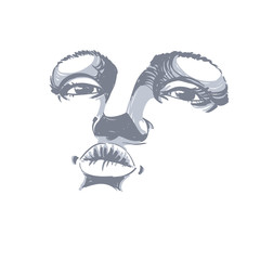 Black and white illustration of lady face, delicate visage features. Eyes and lips of a woman expressing positive emotions, delicate stylish tender girl giving a kiss