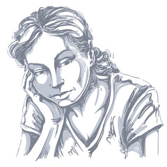 Vector art drawing, portrait of sad and depressed girl, thinking about something. Facial expressions, people emotions, romantic and tender young woman.