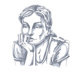 Hand-drawn vector illustration of beautiful romantic and pensive woman thinking about something sad. Monochrome image, expressions on face of young lady.