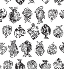 Underwater life seamless pattern with ink fishes. Vector illustration