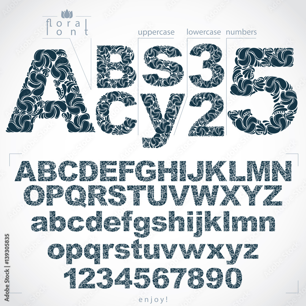 Aufkleber set of beautiful letters and numbers decorated with herbal ornament. monochrome vector typescript ma