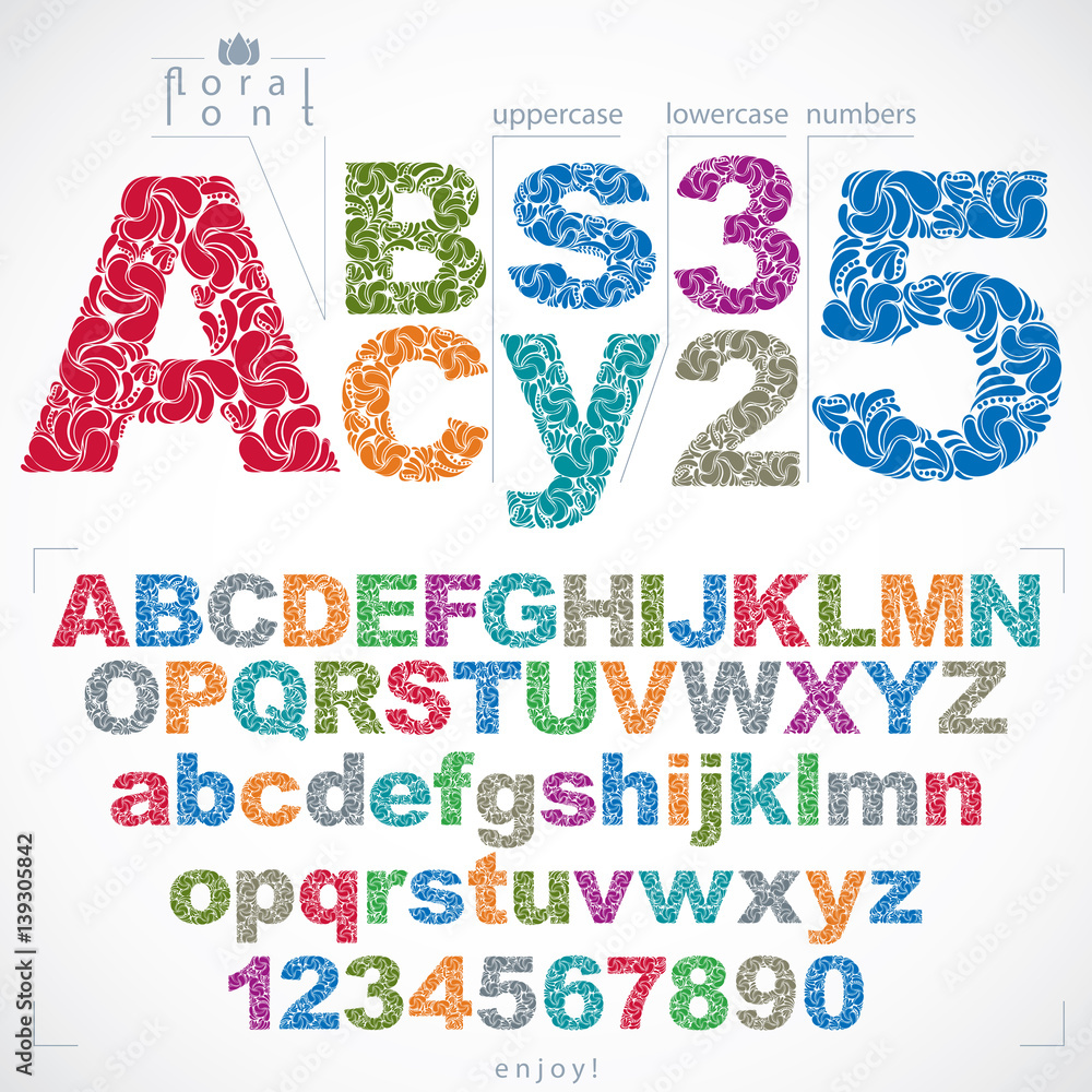 Poster floral alphabet sans serif letters and numbers drawn using abstract vintage pattern, spring leaves d